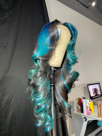 KBL 28 inch 5x5 HD Lace front wigs virgin human hair 200 density lace frontal straight wigs blue color